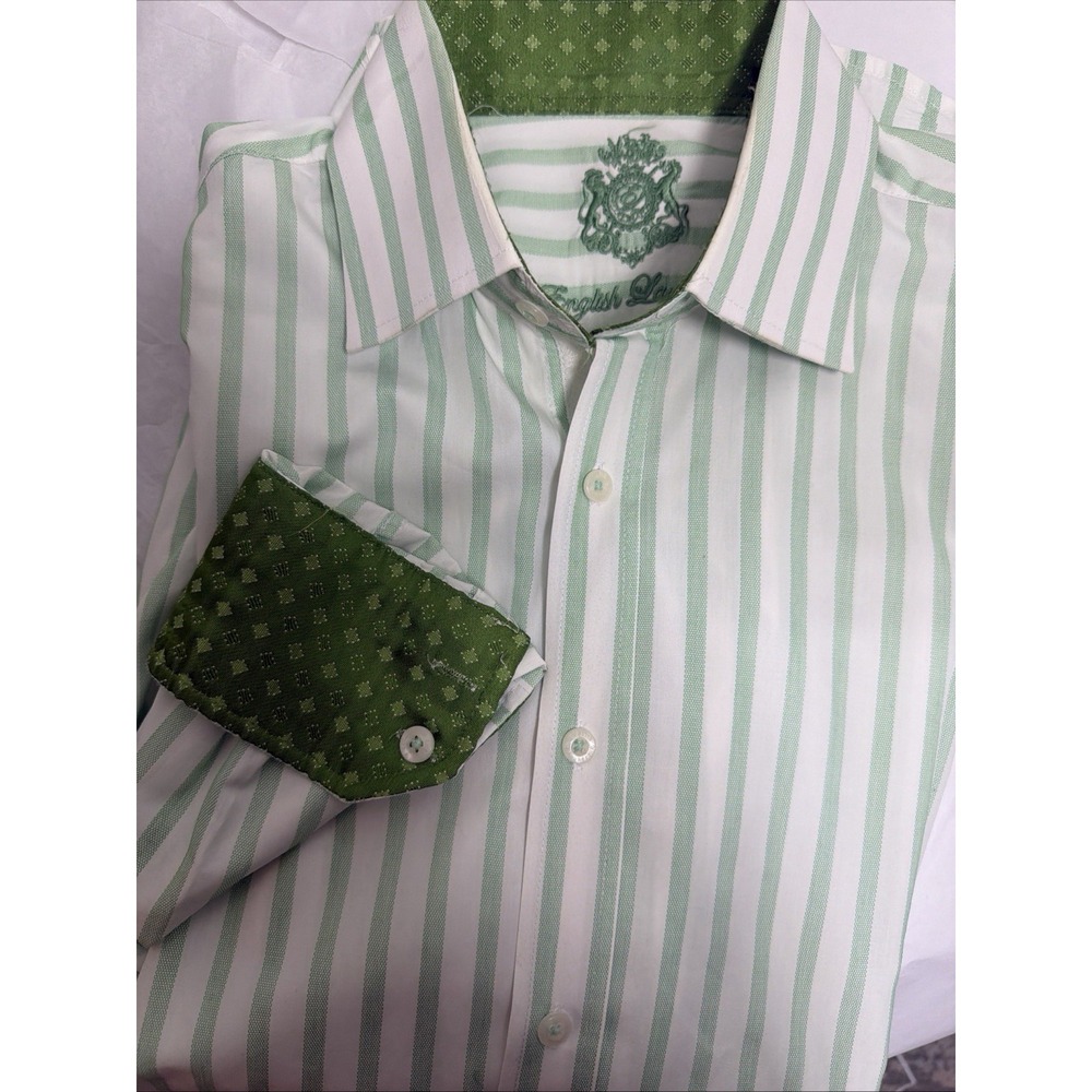 English Laundry Mens Button Front Long Sleeve Cotton Green Stripe Shirt Large